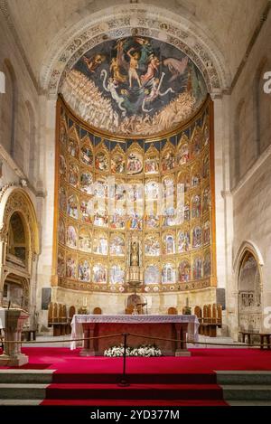 Salamanca, Spagna, 9 aprile 2024: Veduta della pala d'altare e dell'altare nella navata centrale della nuova Cattedrale di Salamanca, Europa Foto Stock