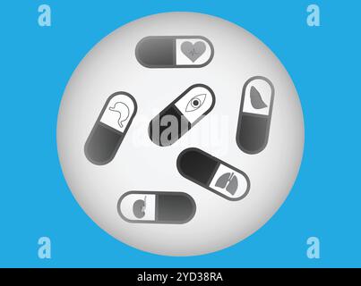 Bottone bianco con sei capsule pillole con organi del corpo umano all'interno Illustrazione Vettoriale