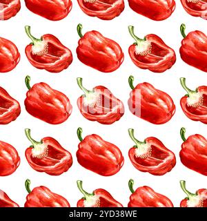 Peperone rosso dolce senza cuciture. Illustrazione dipinta a mano ad acquerello, isolata su sfondo bianco Foto Stock