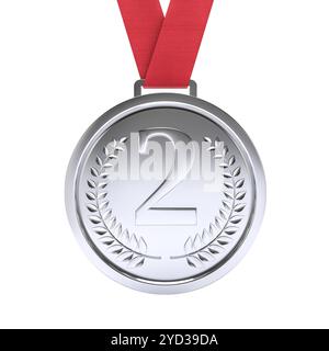 Medaglia d'argento al secondo posto con nastro rosso alloro sfondo isolato 3d. Foto Stock