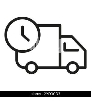 Veicolo di consegna con icona orologio. Spedizione rapida. Design vettoriale semplice. Pulire le linee nere. Illustrazione Vettoriale