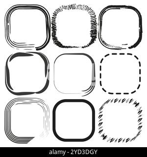 Icone quadrate disegnate a mano. Riquadri di schizzo ruvidi. Forme geometriche semplici. Bordi vettoriali astratti. Illustrazione Vettoriale