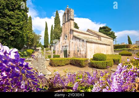 Vista del villaggio di pietra di Skrip, vecchia cappella, isola di Brac Foto Stock