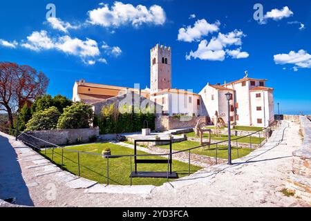 Motovun. Idilliaca città collinare di Motovun, torre e vista dell'architettura Foto Stock