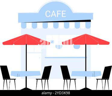 Caffetteria all'aperto con tavoli e ombrelloni nell'illustrazione Flat Vector che simboleggia la cultura del Cafe', le riunioni sociali e i pasti all'aperto, isolata Illustrazione Vettoriale