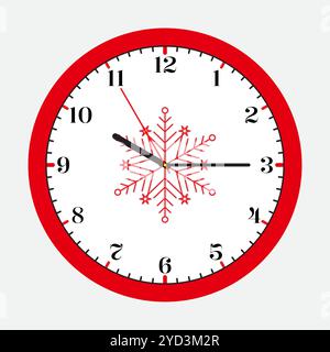 Orologio da parete classico con fiocco di neve. Un orologio da parete di Natale semplice ma elegante con un design tradizionale con fiocco di neve Illustrazione Vettoriale