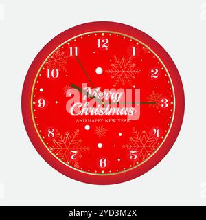 Un elegante ed elegante orologio da parete di Natale classico con sfondo rosso e ornamenti di fiocchi di neve Illustrazione Vettoriale