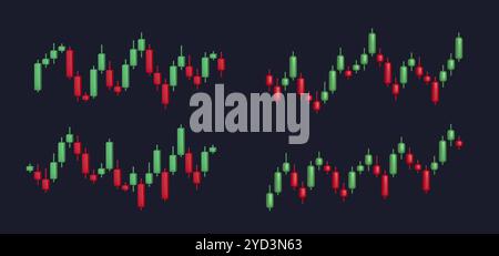 Grafico 3D per la negoziazione in borsa. Diagramma a candeliere, grafico a candela. Mercato aziendale globale, strategia di investimento concetto di scambio di marcatori di criptovaluta. Set isolato vettoriale. Illustrazione Vettoriale