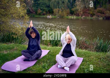 una donna di mezza età insegna alla sua vecchia madre esercizi somatici e yoga per mantenere la salute sul fiume in autunno Foto Stock