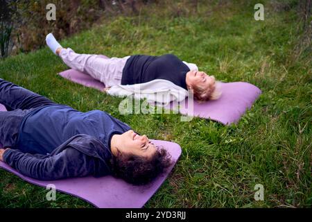 una donna di mezza età insegna alla sua vecchia madre esercizi somatici e yoga per mantenere la salute sul fiume in autunno Foto Stock