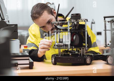 Formazione maschile degli ingegneri nel programma di robotica industriale in laboratori di ingegneria universitari apprendimento in aula assemblaggio e programmazione di robot mobili elettro Foto Stock