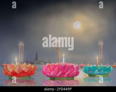 Il festival Loy Krathong nella notte della luna piena. Pittura ad acquerello, paesaggio colorato di krathong e vista sul fiume, illustrazione disegnata a mano, terra più conosciuta Foto Stock