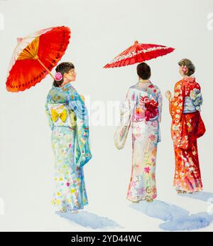 Donna asiatica a Kyoto in Giappone - geisha Maiko che indossa un kimono tradizionale giapponese con ombrello rosso. Pittura ad acquerello su carta illustrazione isolata Foto Stock