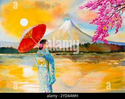 Pitture colorate ad acquerello in Giappone. Donna asiatica che indossa un kimono tradizionale giapponese con ombrello sul monte Fuji, lago Kawaguchiko Foto Stock