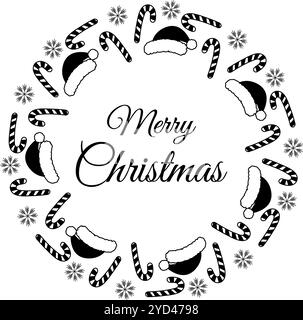 Candy cane, cappello di Babbo Natale e scritta Merry Christmas Round Frame in stile doodle alla moda. Biglietto d'auguri per illustrazione vettore isolato, invito, poster, volantino, opuscolo, promozione sull'etichetta o sul web Illustrazione Vettoriale