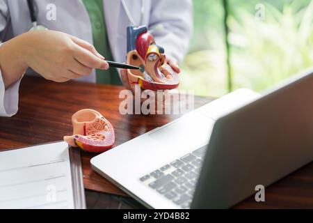 Concetto di telemedicina, Dottore che spiega anatomico del cuore umano al paziente online. Foto Stock