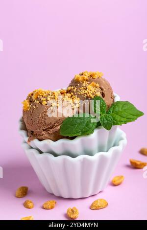 Palline di gelato al cioccolato con arachidi. Foto Stock