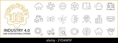 Set di icone Industry 4,0 in stile linea. Icone di Industry 4,0. Illustrazione vettoriale. Tratto modificabile. Illustrazione Vettoriale