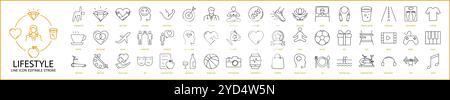 Icona stile di vita impostata in stile linea. Contenente stile di vita, esercizio fisico, vettore, illustrazione, salute, fitness, dieta, sport. Illustrazione vettoriale Illustrazione Vettoriale