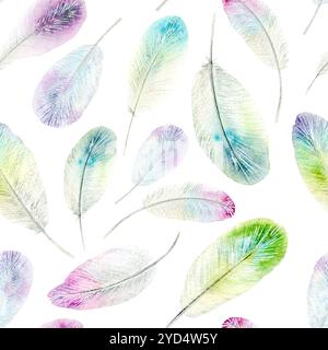 Piume di Hummingbird. Motivo senza cuciture. Illustrazione ad acquerello luminoso disegnata a mano su sfondo bianco. Adatto per incorniciare disegni, carte e tessuti Foto Stock