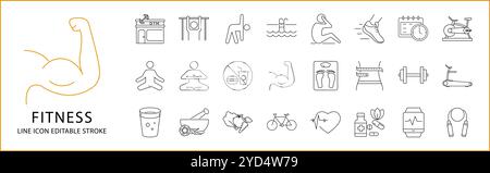 Icona fitness impostata in stile linea. Icone fitness. Illustrazione vettoriale. Tratto modificabile. Illustrazione Vettoriale