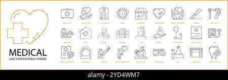 Icona medica impostata in stile linea. Contenente ospedale, emergenza, medico, linea, farmacia, clinica, ambulanza, prescrizione, aiuto, diagnosi, paziente, ecc. Illustrazione Vettoriale