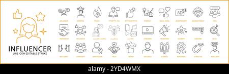 Set di icone influencer. Icone della linea influencer. Contenente celebrità, narrazione, follower, creatore, pubblico, social, promozione, contenuti, pubblicità Illustrazione Vettoriale