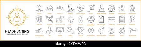 Icona di Headhunting impostata in stile linea. Icone di caccia alla testa. Illustrazione vettoriale. Traccia modificabile. Illustrazione Vettoriale