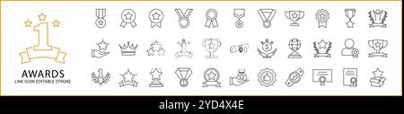 Set di icone premio in stile linea. Icone dei premi. Illustrazione vettoriale. Tratto modificabile. Illustrazione Vettoriale