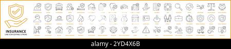 Icona assicurazione impostata in stile linea. Che contengano protezione, finanziamenti, rischi, denaro, incidenti, assistenza, auto, cura, viaggio, ecc. Illustrazione vettoriale. Illustrazione Vettoriale