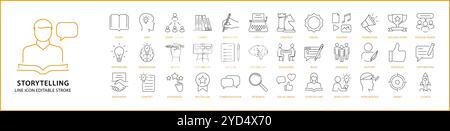 Icona narrativa impostata in stile linea. Contenente autore, creatività, pagina, feedback, firma, influencer. Illustrazione vettoriale. Illustrazione Vettoriale