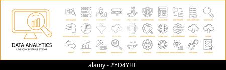 Icona Data Analytics impostata in stile linea. Icone di analisi dei dati. Illustrazione vettoriale. Tratto modificabile. Illustrazione Vettoriale