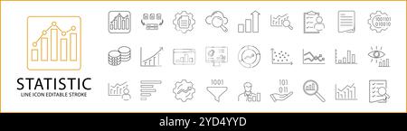 Set di icone statistiche. Icone della linea statistica. Contenente grafico, crescita, grafico, grafico, monitoraggio, diagramma, informazioni, database, ecc. Illustrati vettoriali Illustrazione Vettoriale