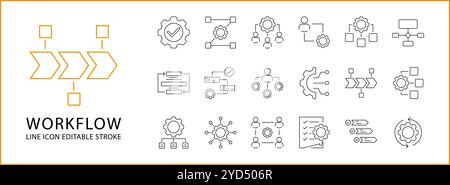 Icona flusso di lavoro impostata in stile linea. Contenente processo, strategia, produttività, automazione, raccolta, efficienza, successo, lavoro, grafico, sviluppo, et Illustrazione Vettoriale