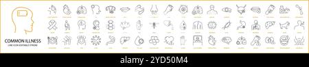 Icona malattia comune impostata in stile linea. Icone di malattia comune. Illustrazione vettoriale. Tratto modificabile. Illustrazione Vettoriale