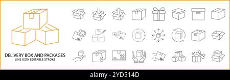 Set di icone della confezione della scatola di consegna in stile linea. Icone della scatola di consegna e della confezione. Illustrazione vettoriale. Tratto modificabile. Illustrazione Vettoriale