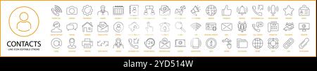 Icona contatto impostata in stile linea. Icone dei contatti. Illustrazione vettoriale. Tratto modificabile. Illustrazione Vettoriale