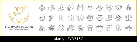 Icona di beneficenza e donazione impostata in stile linea. Icone di volontariato. Traccia modificabile dell'illustrazione vettoriale. Illustrazione Vettoriale