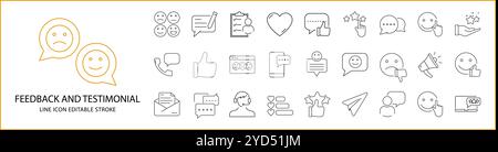 Icona feedback e testimonianza dei clienti impostata in stile linea. Icone di feedback e testimonianze. Illustrazione vettoriale. Tratto modificabile. Illustrazione Vettoriale