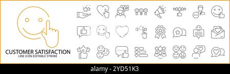 Icona soddisfazione del cliente impostata in stile linea. Icone del feedback del cliente. Illustrazione vettoriale. Tratto modificabile. Illustrazione Vettoriale