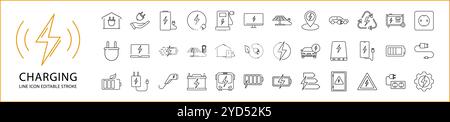 Icona di ricarica impostata in stile linea. Contenente energia, energia, elettricità, batteria, elettrica, linea, flash, carico, verde, eco, telefono, mobile, tensione, ecc. Illustrazione Vettoriale