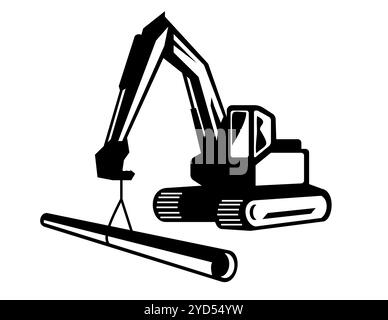 Escavatore scavatore con mascotte per tubi di posa gru a braccio Foto Stock