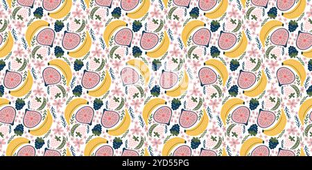 Vivace motivo senza cuciture con banane, fichi, more, fragole bianche, fiori rosa, e foglie verdi. Progettato in uno stile vettoriale moderno e organico con colori piatti e un'atmosfera giovane e giocosa Illustrazione Vettoriale