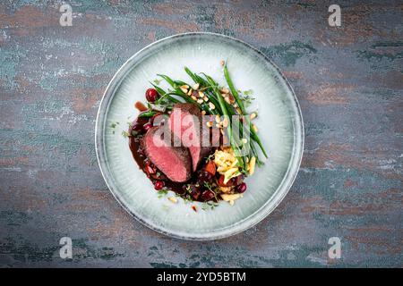 Tradizionale sella di filetto di cervo arrosto con spaetzle, fagioli e pinoli in salsa di selvaggina servita come vista dall'alto su un piatto di design nordico Foto Stock