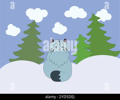 carino e soffice gatto selvatico si trova felicemente su un prato invernale tra una foresta di abeti rossi, stock vector, cartoni animati Illustrazione Vettoriale