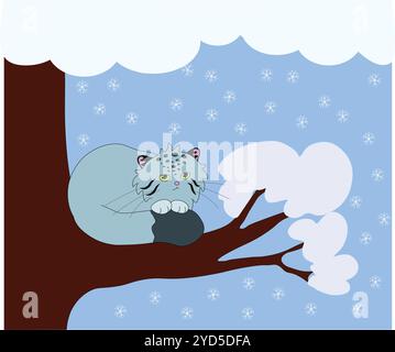 in inverno, il simpatico e soffice gatto selvatico si siede felicemente su un grande ramo d'albero, mettendo le zampe sulla sua coda soffice, il vettore di stock, il cartone animato Illustrazione Vettoriale