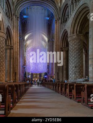 La navata della Cattedrale di Durham con le opere d'arte Peace Doves , Contea di Durham, Inghilterra Foto Stock