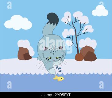 carino e soffice gatto selvatico cattura i pesci rossi nel fiume invernale, stock vector, cartoni animati Illustrazione Vettoriale