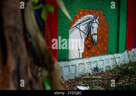 25-2024 ottobre Dehradun City India. Una vibrante opera di graffiti di uno stallone bianco dipinta su un muro nella città di Dehradun, Uttarakhand, India, aggiungendo un arredo urbano Foto Stock