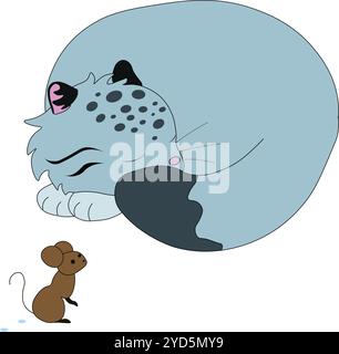 Un simpatico gatto selvatico, il gatto di Pallas, si addormenta rapidamente, si arriccia in una palla, e un piccolo topo lo sta guardando, vettore di scorta, cartone animato Illustrazione Vettoriale